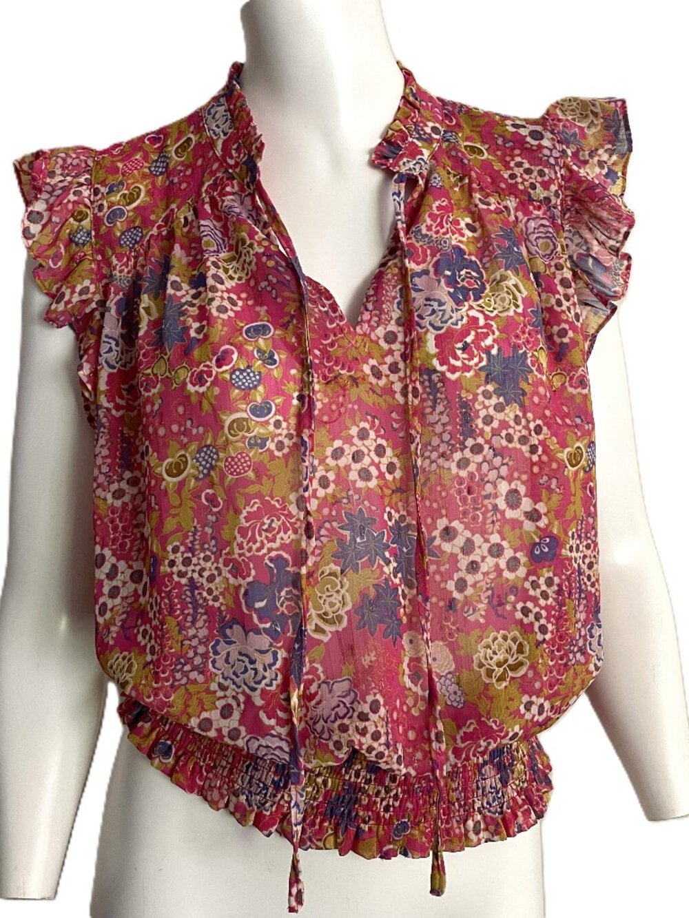 Joie Top Blouse Medium Short Ruffle Sleeve Tie Neck Smocked Waist Floral Sheer
